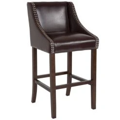 Flash Furniture CH-182020-30-BN-GG Carmel Series Brown Leather Bar Stool With Walnut Frame And Nail Trim Accent