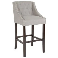 Flash Furniture CH-182020-T-30-LTGY-F-GG Carmel Series Light Gray Tufted Fabric Bar Stool With Walnut Frame And Nail Trim Accent