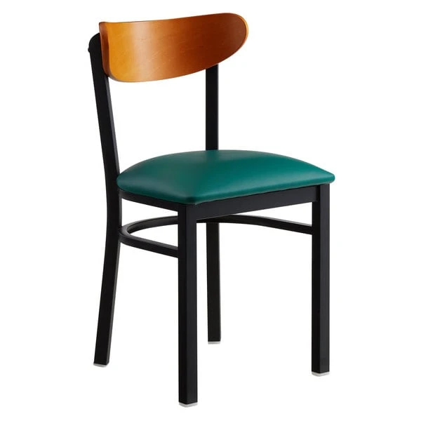 LT&S Boomerang Series Lancaster Table & Seating Boomerang Black Finish Chair With 2 1/2" Green Vinyl Padded Seat And Cherry Wood Back 4 LT&S Boomerang Series Lancaster Table & Seating Boomerang Black Finish Chair With 2 1/2" Green Vinyl Padded Seat And Cherry Wood Back - Image 2