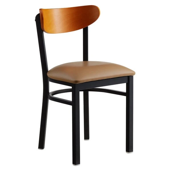 LT&S Boomerang Series Lancaster Table & Seating Boomerang Black Finish Chair With 2 1/2" Light Brown Vinyl Padded Seat And Cherry Wood Back 4 LT&S Boomerang Series Lancaster Table & Seating Boomerang Black Finish Chair With 2 1/2" Light Brown Vinyl Padded Seat And Cherry Wood Back - Image 2