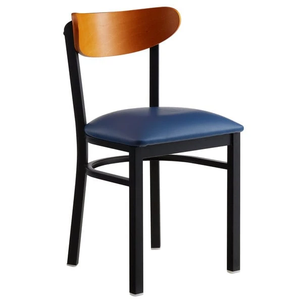 LT&S Boomerang Series Lancaster Table & Seating Boomerang Black Finish Chair With 2 1/2" Navy Vinyl Padded Seat And Cherry Wood Back 4 LT&S Boomerang Series Lancaster Table & Seating Boomerang Black Finish Chair With 2 1/2" Navy Vinyl Padded Seat And Cherry Wood Back - Image 2