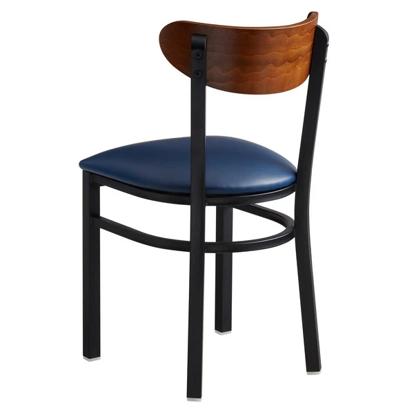 LT&S Boomerang Series Lancaster Table & Seating Boomerang Black Finish Chair With 2 1/2" Navy Vinyl Padded Seat And Antique Walnut Wood Back 5 LT&S Boomerang Series Lancaster Table & Seating Boomerang Black Finish Chair With 2 1/2" Navy Vinyl Padded Seat And Antique Walnut Wood Back - Image 3