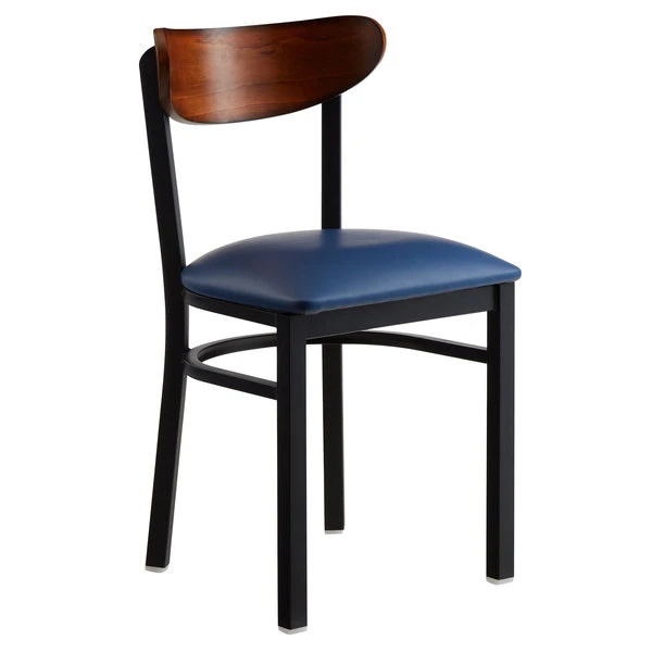 LT&S Boomerang Series Lancaster Table & Seating Boomerang Black Finish Chair With 2 1/2" Navy Vinyl Padded Seat And Antique Walnut Wood Back 4 LT&S Boomerang Series Lancaster Table & Seating Boomerang Black Finish Chair With 2 1/2" Navy Vinyl Padded Seat And Antique Walnut Wood Back - Image 2