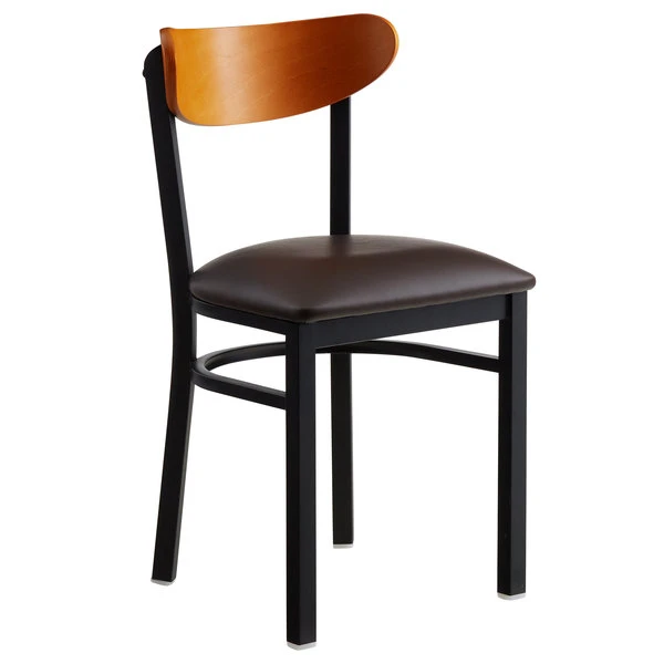 LT&S Boomerang Series Lancaster Table & Seating Boomerang Black Finish Chair With 2 1/2" Dark Brown Vinyl Padded Seat And Cherry Wood Back 4 LT&S Boomerang Series Lancaster Table & Seating Boomerang Black Finish Chair With 2 1/2" Dark Brown Vinyl Padded Seat And Cherry Wood Back - Image 2
