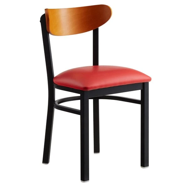 LT&S Boomerang Series Lancaster Table & Seating Boomerang Black Finish Chair With 2 1/2" Red Vinyl Padded Seat And Cherry Wood Back 4 LT&S Boomerang Series Lancaster Table & Seating Boomerang Black Finish Chair With 2 1/2" Red Vinyl Padded Seat And Cherry Wood Back - Image 2