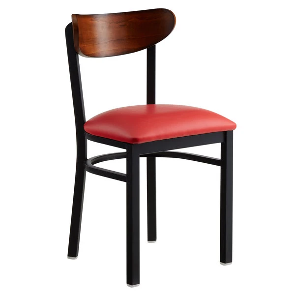 LT&S Boomerang Series Lancaster Table & Seating Boomerang Black Finish Chair With 2 1/2" Red Vinyl Padded Seat And Antique Walnut Wood Back 4 LT&S Boomerang Series Lancaster Table & Seating Boomerang Black Finish Chair With 2 1/2" Red Vinyl Padded Seat And Antique Walnut Wood Back - Image 2