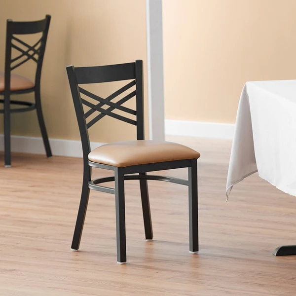 Lancaster Table & Seating Black Finish Cross Back Chair With 2 1/2" Light Brown Vinyl Padded Seat 3 Lancaster Table & Seating Black Finish Cross Back Chair With 2 1/2" Light Brown Vinyl Padded Seat