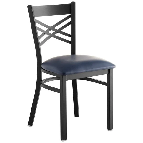 Lancaster Table & Seating Black Finish Cross Back Chair With 2 1/2" Navy Vinyl Padded Seat 4 Lancaster Table & Seating Black Finish Cross Back Chair With 2 1/2" Navy Vinyl Padded Seat - Image 2
