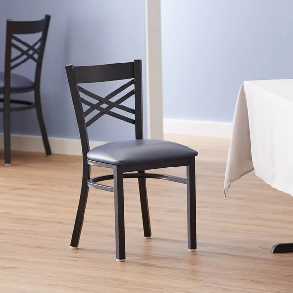 Lancaster Table & Seating Black Finish Cross Back Chair With 2 1/2" Navy Vinyl Padded Seat 3 Lancaster Table & Seating Black Finish Cross Back Chair With 2 1/2" Navy Vinyl Padded Seat