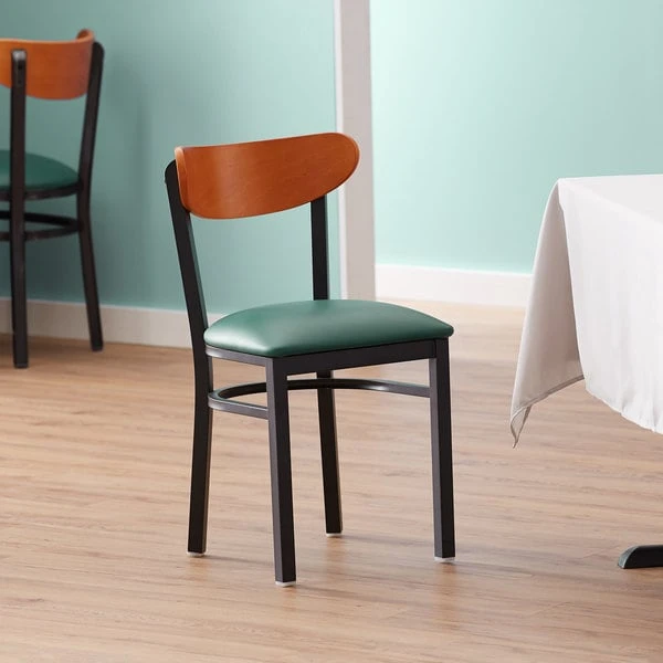 LT&S Boomerang Series Lancaster Table & Seating Boomerang Black Finish Chair With 2 1/2" Green Vinyl Padded Seat And Cherry Wood Back 3 LT&S Boomerang Series Lancaster Table & Seating Boomerang Black Finish Chair With 2 1/2" Green Vinyl Padded Seat And Cherry Wood Back