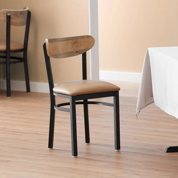 LT&S Boomerang Series Lancaster Table & Seating Boomerang Black Finish Chair With 2 1/2" Light Brown Vinyl Padded Seat And Driftwood Back 3 LT&S Boomerang Series Lancaster Table & Seating Boomerang Black Finish Chair With 2 1/2" Light Brown Vinyl Padded Seat And Driftwood Back