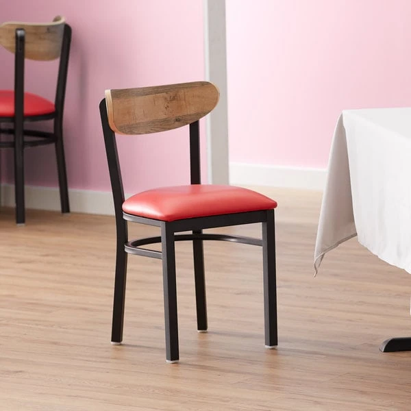 LT&S Boomerang Series Lancaster Table & Seating Boomerang Black Finish Chair With 2 1/2" Red Vinyl Padded Seat And Driftwood Back 3 LT&S Boomerang Series Lancaster Table & Seating Boomerang Black Finish Chair With 2 1/2" Red Vinyl Padded Seat And Driftwood Back