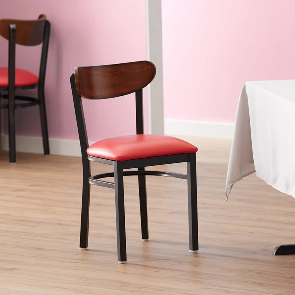 LT&S Boomerang Series Lancaster Table & Seating Boomerang Black Finish Chair With 2 1/2" Red Vinyl Padded Seat And Antique Walnut Wood Back 3 LT&S Boomerang Series Lancaster Table & Seating Boomerang Black Finish Chair With 2 1/2" Red Vinyl Padded Seat And Antique Walnut Wood Back