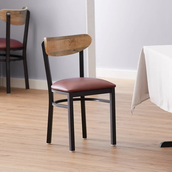 LT&S Boomerang Series Lancaster Table & Seating Boomerang Black Finish Chair With 2 1/2" Burgundy Vinyl Padded Seat And Driftwood Back 3 LT&S Boomerang Series Lancaster Table & Seating Boomerang Black Finish Chair With 2 1/2" Burgundy Vinyl Padded Seat And Driftwood Back