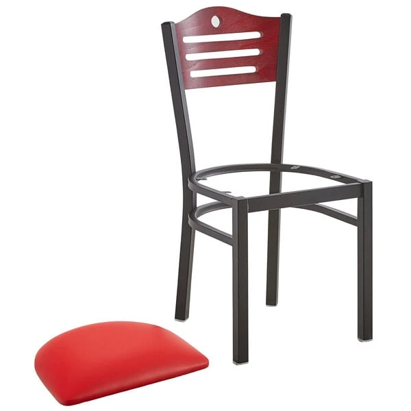 Lancaster Table & Seating Mahogany Finish Bistro Dining Chair With 1 1/2" Red Padded Seat 6 Lancaster Table & Seating Mahogany Finish Bistro Dining Chair With 1 1/2" Red Padded Seat - Image 4
