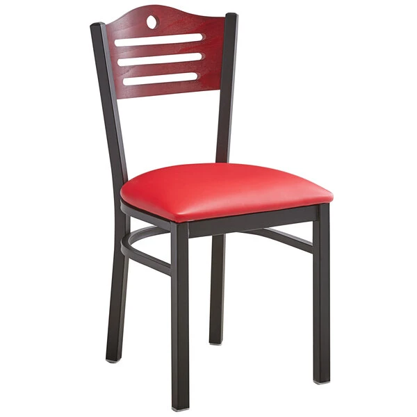 Lancaster Table & Seating Mahogany Finish Bistro Dining Chair With 1 1/2" Red Padded Seat 4 Lancaster Table & Seating Mahogany Finish Bistro Dining Chair With 1 1/2" Red Padded Seat - Image 2