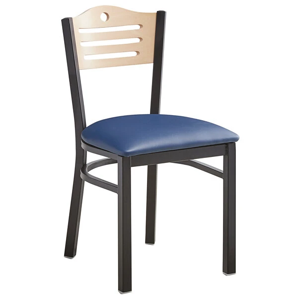 Lancaster Table & Seating Natural Finish Bistro Dining Chair With 1 1/2" Navy Padded Seat 4 Lancaster Table & Seating Natural Finish Bistro Dining Chair With 1 1/2" Navy Padded Seat - Image 2