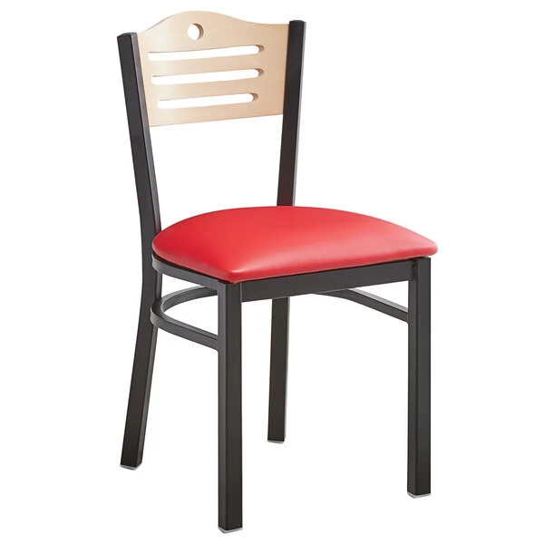 Lancaster Table & Seating Natural Finish Bistro Dining Chair With 1 1/2" Red Padded Seat 4 Lancaster Table & Seating Natural Finish Bistro Dining Chair With 1 1/2" Red Padded Seat - Image 2