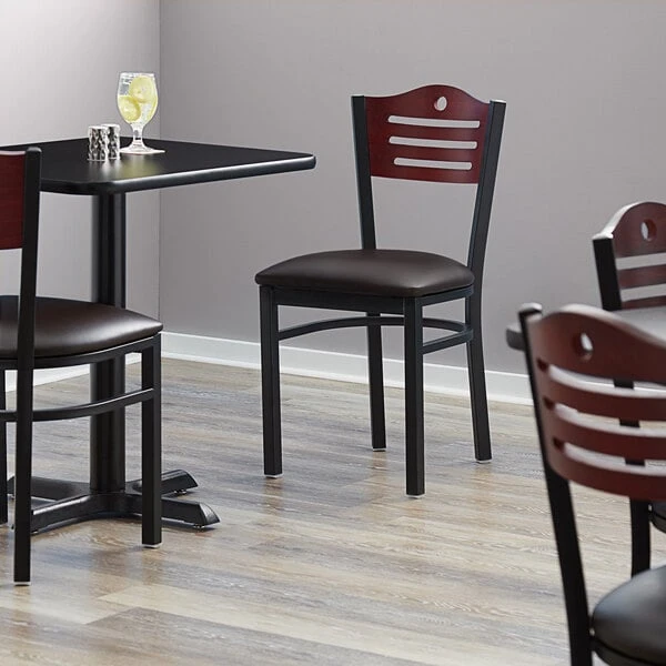 Lancaster Table & Seating Mahogany Finish Bistro Dining Chair With 1 1/2" Dark Brown Padded Seat 3 Lancaster Table & Seating Mahogany Finish Bistro Dining Chair With 1 1/2" Dark Brown Padded Seat