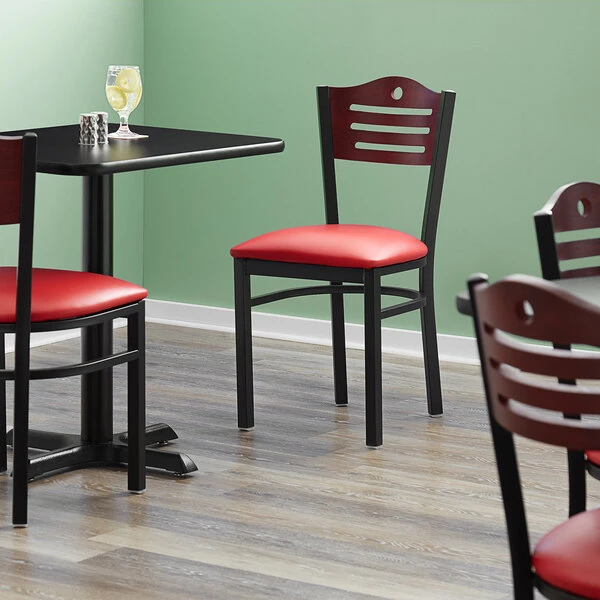 Lancaster Table & Seating Mahogany Finish Bistro Dining Chair With 1 1/2" Red Padded Seat 3 Lancaster Table & Seating Mahogany Finish Bistro Dining Chair With 1 1/2" Red Padded Seat