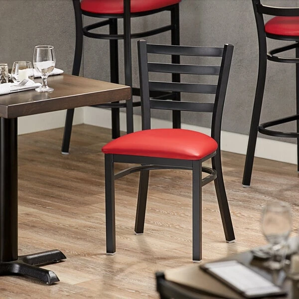 Lancaster Table & Seating Black Finish Ladder Back Chair With 2 1/2" Red Vinyl Padded Seat 3 Lancaster Table & Seating Black Finish Ladder Back Chair With 2 1/2" Red Vinyl Padded Seat
