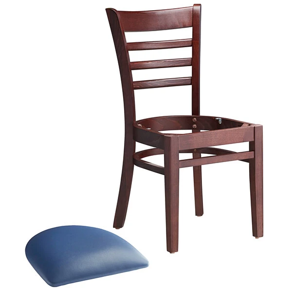 Lancaster Table & Seating Mahogany Finish Wooden Ladder Back Chair With 2 1/2" Navy Padded Seat 6 Lancaster Table & Seating Mahogany Finish Wooden Ladder Back Chair With 2 1/2" Navy Padded Seat - Image 4