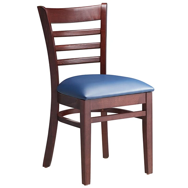 Lancaster Table & Seating Mahogany Finish Wooden Ladder Back Chair With 2 1/2" Navy Padded Seat 4 Lancaster Table & Seating Mahogany Finish Wooden Ladder Back Chair With 2 1/2" Navy Padded Seat - Image 2