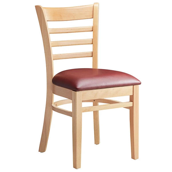 Lancaster Table & Seating Natural Finish Wooden Ladder Back Chair With 2 1/2" Burgundy Padded Seat 4 Lancaster Table & Seating Natural Finish Wooden Ladder Back Chair With 2 1/2" Burgundy Padded Seat - Image 2