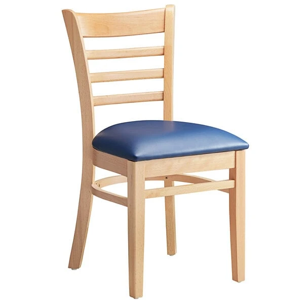 Lancaster Table & Seating Natural Finish Wooden Ladder Back Chair With 2 1/2" Navy Padded Seat 4 Lancaster Table & Seating Natural Finish Wooden Ladder Back Chair With 2 1/2" Navy Padded Seat - Image 2