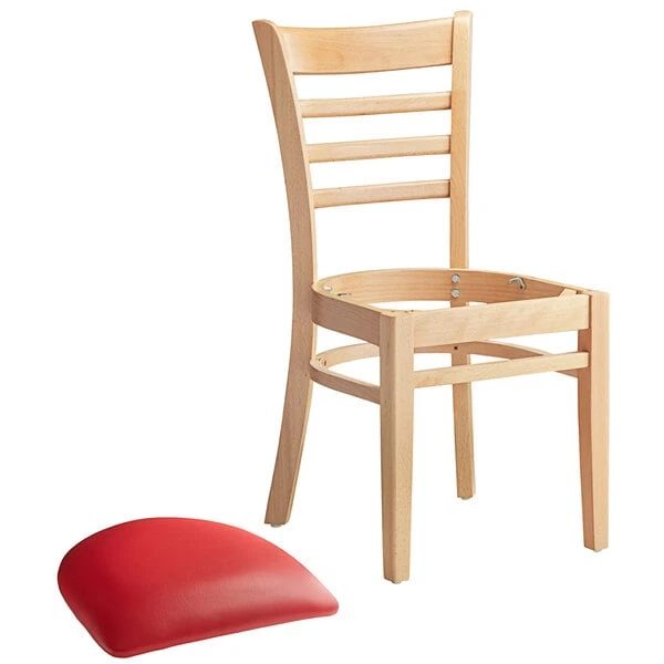 Lancaster Table & Seating Natural Finish Wooden Ladder Back Chair With 2 1/2" Red Padded Seat 6 Lancaster Table & Seating Natural Finish Wooden Ladder Back Chair With 2 1/2" Red Padded Seat - Image 4