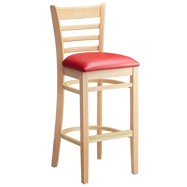 Lancaster Table & Seating Natural Ladder Back Bar Height Chair With 2 1/2" Red Padded Seat 4 Lancaster Table & Seating Natural Ladder Back Bar Height Chair With 2 1/2" Red Padded Seat - Image 2