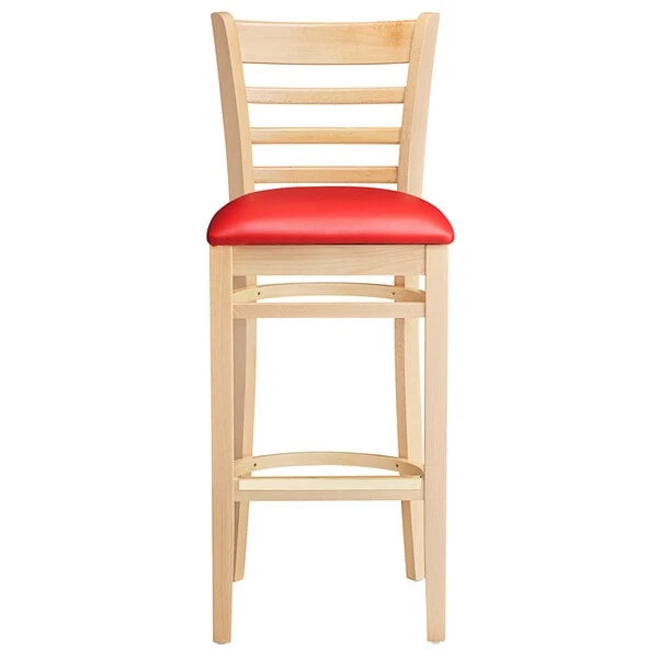 Lancaster Table & Seating Natural Ladder Back Bar Height Chair With 2 1/2" Red Padded Seat 7 Lancaster Table & Seating Natural Ladder Back Bar Height Chair With 2 1/2" Red Padded Seat - Image 5