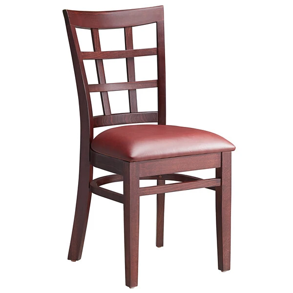 Lancaster Table & Seating Mahogany Wooden Window Back Chair With 2 1/2" Burgundy Padded Seat 4 Lancaster Table & Seating Mahogany Wooden Window Back Chair With 2 1/2" Burgundy Padded Seat - Image 2