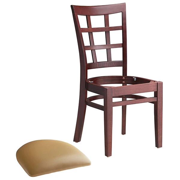 Lancaster Table & Seating Mahogany Wooden Window Back Chair With 2 1/2" Light Brown Padded Seat 6 Lancaster Table & Seating Mahogany Wooden Window Back Chair With 2 1/2" Light Brown Padded Seat - Image 4