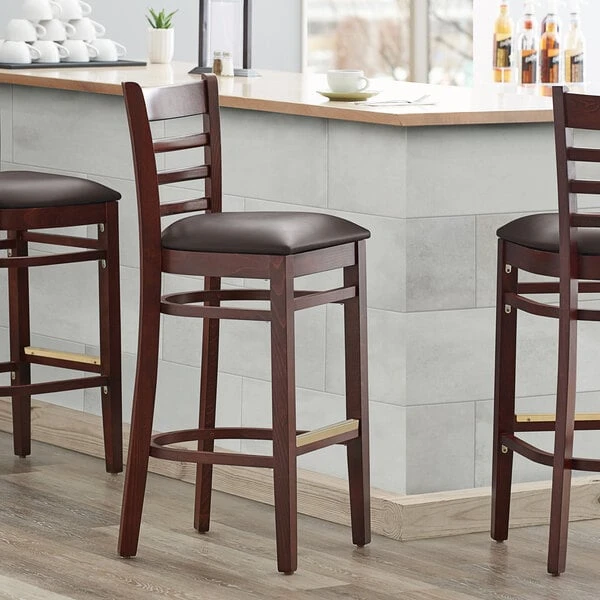 Lancaster Table & Seating Mahogany Ladder Back Bar Height Chair With Dark Brown Padded Seat 3 Lancaster Table & Seating Mahogany Ladder Back Bar Height Chair With Dark Brown Padded Seat
