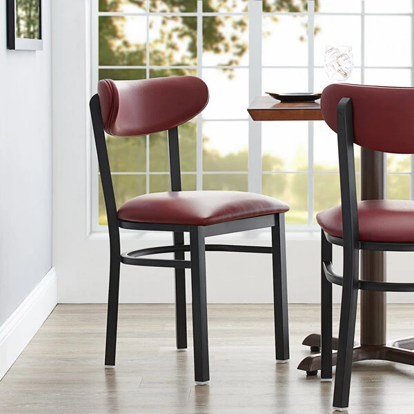 LT&S Boomerang Series Lancaster Table & Seating Boomerang Black Finish Chair With 2 1/2" Burgundy Vinyl Padded Seat And Back 3 LT&S Boomerang Series Lancaster Table & Seating Boomerang Black Finish Chair With 2 1/2" Burgundy Vinyl Padded Seat And Back