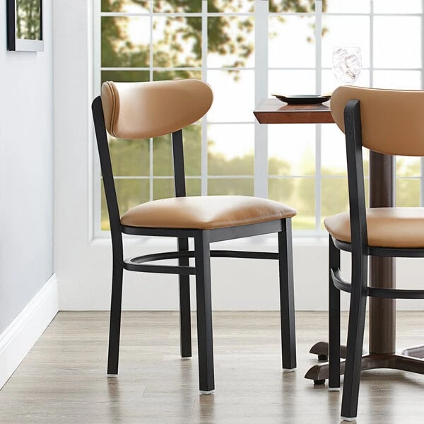 LT&S Boomerang Series Lancaster Table & Seating Boomerang Black Finish Chair With 2 1/2" Light Brown Vinyl Padded Seat And Back 3 LT&S Boomerang Series Lancaster Table & Seating Boomerang Black Finish Chair With 2 1/2" Light Brown Vinyl Padded Seat And Back