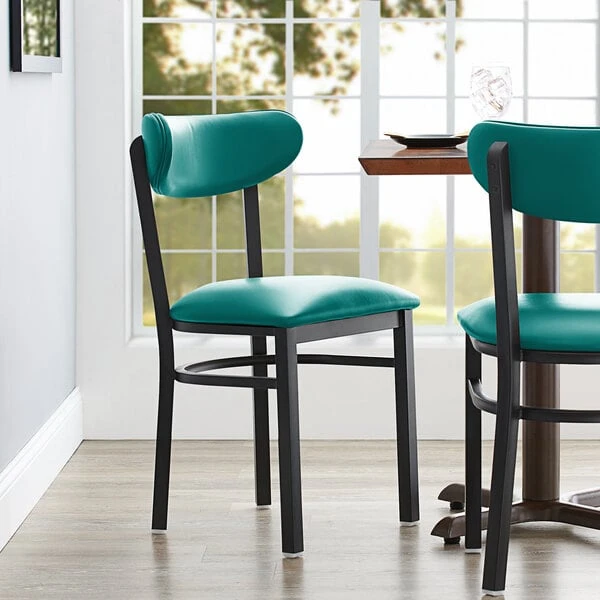LT&S Boomerang Series Lancaster Table & Seating Boomerang Black Finish Chair With 2 1/2" Green Vinyl Padded Seat And Back 3 LT&S Boomerang Series Lancaster Table & Seating Boomerang Black Finish Chair With 2 1/2" Green Vinyl Padded Seat And Back