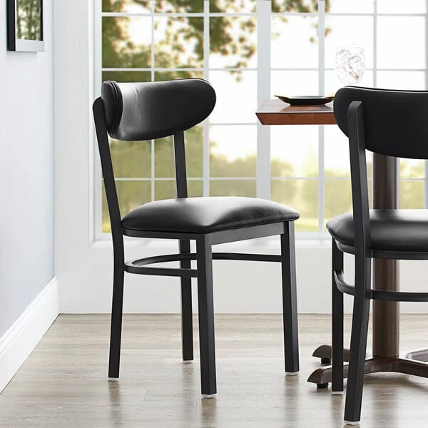 LT&S Boomerang Series Lancaster Table & Seating Boomerang Black Finish Chair With 2 1/2" Black Vinyl Padded Seat And Back 3 LT&S Boomerang Series Lancaster Table & Seating Boomerang Black Finish Chair With 2 1/2" Black Vinyl Padded Seat And Back