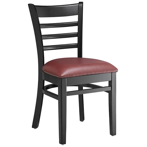 Lancaster Table & Seating Black Finish Wooden Ladder Back Chair With 2 1/2" Burgundy Padded Seat 4 Lancaster Table & Seating Black Finish Wooden Ladder Back Chair With 2 1/2" Burgundy Padded Seat - Image 2