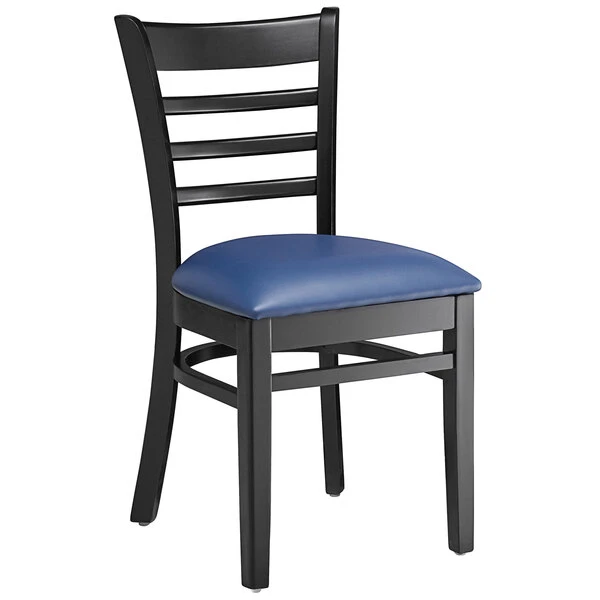 Lancaster Table & Seating Black Finish Wooden Ladder Back Chair With 2 1/2" Navy Padded Seat 4 Lancaster Table & Seating Black Finish Wooden Ladder Back Chair With 2 1/2" Navy Padded Seat - Image 2