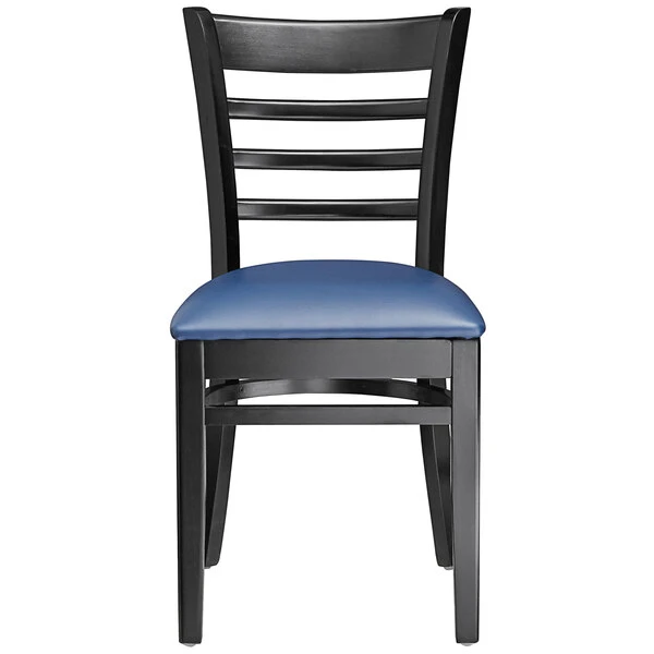 Lancaster Table & Seating Black Finish Wooden Ladder Back Chair With 2 1/2" Navy Padded Seat 7 Lancaster Table & Seating Black Finish Wooden Ladder Back Chair With 2 1/2" Navy Padded Seat - Image 5
