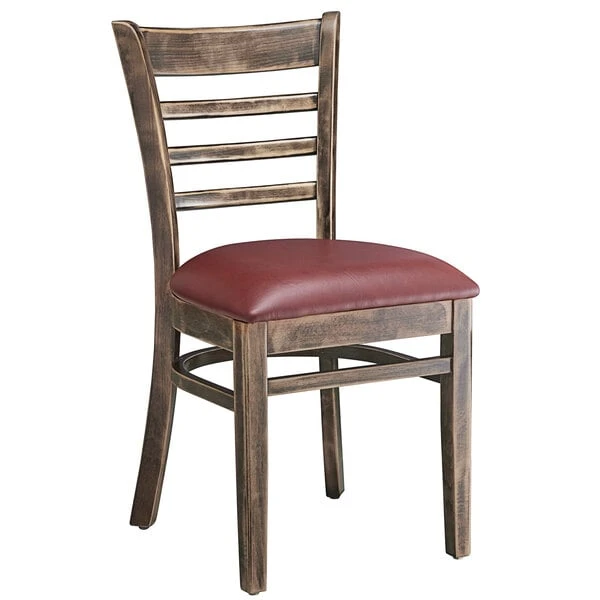 Lancaster Table & Seating Vintage Finish Wooden Ladder Back Chair With 2 1/2" Burgundy Padded Seat 4 Lancaster Table & Seating Vintage Finish Wooden Ladder Back Chair With 2 1/2" Burgundy Padded Seat - Image 2