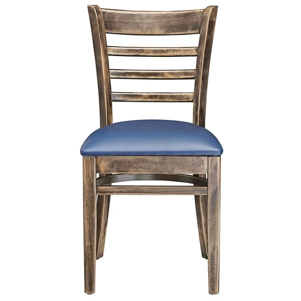 Lancaster Table & Seating Vintage Finish Wooden Ladder Back Chair With 2 1/2" Navy Padded Seat 7 Lancaster Table & Seating Vintage Finish Wooden Ladder Back Chair With 2 1/2" Navy Padded Seat - Image 5