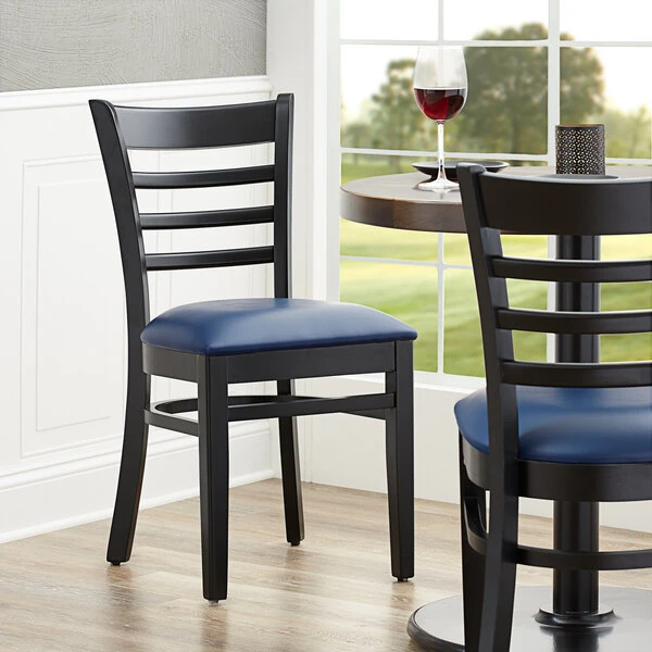 Lancaster Table & Seating Black Finish Wooden Ladder Back Chair With 2 1/2" Navy Padded Seat 3 Lancaster Table & Seating Black Finish Wooden Ladder Back Chair With 2 1/2" Navy Padded Seat