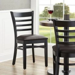 Lancaster Table & Seating Black Finish Wooden Ladder Back Chair With 2 1/2" Dark Brown Padded Seat