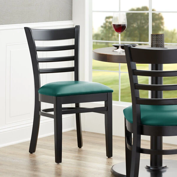 Lancaster Table & Seating Black Finish Wooden Ladder Back Chair With 2 1/2" Green Padded Seat 3 Lancaster Table & Seating Black Finish Wooden Ladder Back Chair With 2 1/2" Green Padded Seat
