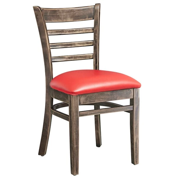 Lancaster Table & Seating Vintage Finish Wooden Ladder Back Chair With 2 1/2" Red Padded Seat 4 Lancaster Table & Seating Vintage Finish Wooden Ladder Back Chair With 2 1/2" Red Padded Seat - Image 2