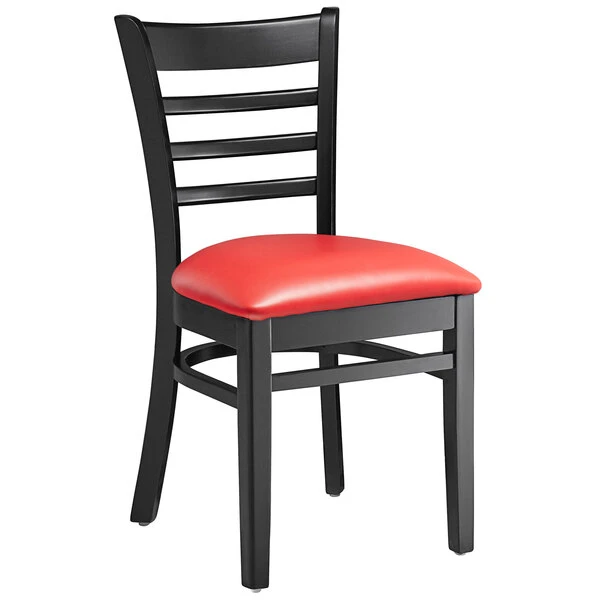 Lancaster Table & Seating Black Finish Wooden Ladder Back Chair With 2 1/2" Red Padded Seat 4 Lancaster Table & Seating Black Finish Wooden Ladder Back Chair With 2 1/2" Red Padded Seat - Image 2