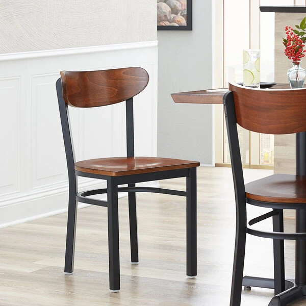 LT&S Boomerang Series Lancaster Table & Seating Boomerang Black Finish Chair With Antique Walnut Wood Seat And Back 3 LT&S Boomerang Series Lancaster Table & Seating Boomerang Black Finish Chair With Antique Walnut Wood Seat And Back